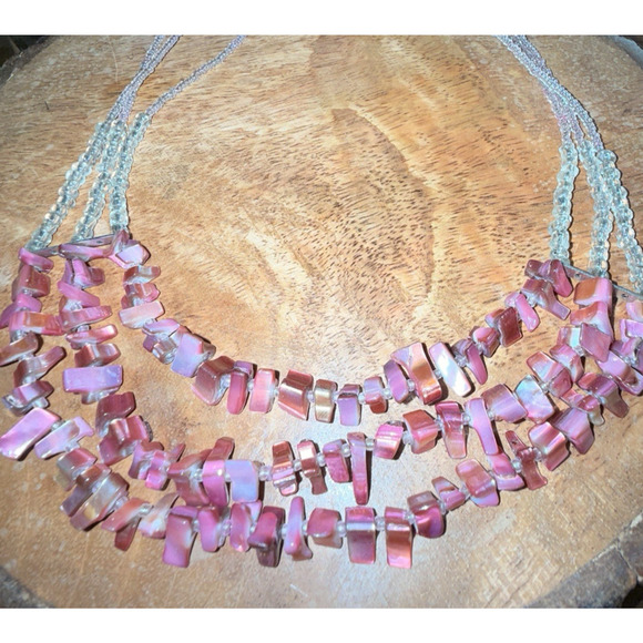 Vintage‎ Pink Shell And Glass Beaded Necklace Boho Beach Summer - Picture 1 of 6